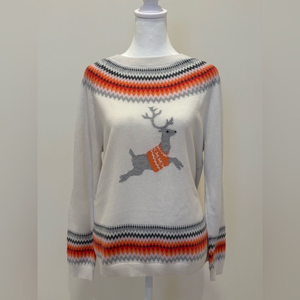 Talbots White and Orange Reindeer Sweater